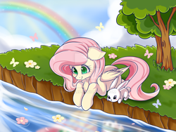 Size: 1024x768 | Tagged: safe, artist:foxcarp, character:angel bunny, character:fluttershy, species:pegasus, species:pony, blushing, butterfly, chest fluff, cute, flower, grass, lying down, nature, prone, rainbow, river, shyabetes, smiling, tree, watermark