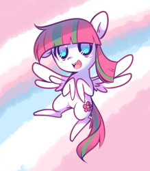 Size: 540x616 | Tagged: safe, artist:pekou, character:blossomforth, species:pegasus, species:pony, female, flying, mare, open mouth, smiling, solo, spread wings, wings