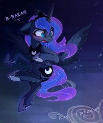 Size: 1161x1380 | Tagged: safe, alternate version, artist:magnaluna, character:princess luna, species:alicorn, species:pony, g4, baka, blushing, cheek fluff, chest fluff, clothing, crown, cute, dialogue, ear fluff, ear tufts, eyebrows, female, floppy ears, flying, hoof shoes, japanese, jewelry, leg fluff, lunabetes, mare, necklace, night, night sky, nudity, offscreen character, open mouth, peytral, plot, regalia, shoes, signature, sky, solo, spread wings, stars, sweet dreams fuel, talking, text, tsundere, wings