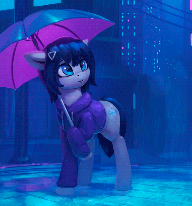 Size: 652x700 | Tagged: safe, artist:rodrigues404, oc, oc only, oc:rainfall bloom, species:earth pony, species:pony, animated, cinemagraph, city, clothing, eye reflection, female, gif, hairclip, hoodie, hoof hold, looking up, mare, night, rain, raised hoof, reflection, smiling, solo, standing, telephone pole, umbrella, wet, wet clothes, wires