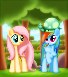 Size: 823x930 | Tagged: safe, artist:ctb-36, character:fluttershy, character:rainbow dash, character:tank, species:pegasus, species:pony, duo, duo female, female, grass, looking up, mare, open mouth, outdoors, raised hoof, rock, sky, smiling, standing, tree, wings