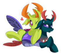 Size: 4094x2975 | Tagged: safe, artist:pridark, character:pharynx, character:prince pharynx, character:thorax, species:changeling, species:pony, species:reformed changeling, episode:to change a changeling, g4, my little pony: friendship is magic, brotherly love, brothers, changedling brothers, commission, cute, duo, ear bite, heart, male, pharybetes, prone, simple background, sweat, sweatdrop, thorabetes, transparent background, unamused