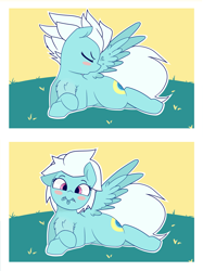 Size: 2175x2910 | Tagged: safe, artist:grim ponka, character:fleetfoot, species:pegasus, species:pony, adorable face, behaving like a bird, blush sticker, blushing, c:, chest fluff, comic, cute, diafleetes, eyes closed, feather, featured on derpibooru, female, floppy ears, hnnng, looking at you, mare, mouth hold, preening, prone, smiling, solo, spread wings, sweet dreams fuel, weapons-grade cute, wings