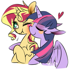 Size: 547x537 | Tagged: safe, alternate version, artist:phyllismi, edit, character:sunset shimmer, character:twilight sparkle, character:twilight sparkle (alicorn), species:alicorn, species:pony, species:unicorn, ship:sunsetsparkle, blushing, blushing profusely, cropped, cute, duo, eyes closed, female, heart, hug, kiss on the cheek, kissing, lesbian, mare, one eye closed, shimmerbetes, shipping, simple background, smiling, tumblr, wavy mouth, white background