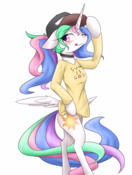 Size: 1200x1600 | Tagged: safe, artist:azurepicker, character:princess celestia, butt wings, clothing, hat, shirt, simple background, solo