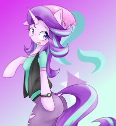 Size: 1200x1300 | Tagged: safe, artist:azurepicker, character:starlight glimmer, species:anthro, species:pony, species:unicorn, arm hooves, ass, beanie, blushing, clothing, cute, cutie mark background, dock, equestria girls outfit, female, glimmerbetes, gradient background, hat, mare, semi-anthro, solo