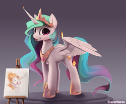 Size: 1620x1340 | Tagged: dead source, safe, artist:noctilucent-arts, artist:tracerhorse, character:daybreaker, character:princess celestia, species:alicorn, species:pony, adorable distress, burning, canvas, caricature, chibi, crown, crying, cute, cutelestia, female, fire, halp, horseshoes, jewelry, looking at you, mare, on fire, open mouth, peytral, regalia, running, solo, tongue out