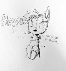 Size: 1296x1399 | Tagged: safe, artist:tjpones, oc, oc only, species:earth pony, species:pony, inktober, black and white, bust, dialogue, fly, grayscale, monochrome, no pupils, solo, stitches, traditional art, undead, worm, zombie, zombie pony