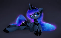 Size: 1921x1222 | Tagged: safe, artist:magnaluna, character:princess luna, species:alicorn, species:pony, colored wings, cute, draw me like one of your french girls, female, galaxy mane, horseshoes, looking at you, lunabetes, mare, prone, smiling, solo