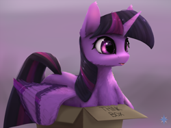 Size: 1352x1012 | Tagged: safe, artist:noctilucent-arts, character:twilight sparkle, character:twilight sparkle (alicorn), species:alicorn, species:pony, behaving like a cat, blep, box, cheek fluff, chest fluff, colored wings, colored wingtips, cute, ear fluff, female, fluffy, gradient background, gray background, mare, neck fluff, pony in a box, prone, shoulder fluff, simple background, solo, spread wings, thinking, tongue out, weapons-grade cute, wing fluff, wings