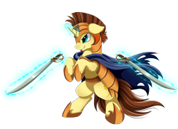 Size: 3509x2550 | Tagged: safe, artist:pridark, oc, oc only, species:pony, species:unicorn, armor, blue eyes, brown mane, commission, cyan eyes, glowing horn, magic, rearing, simple background, smiling, solo, sword, telekinesis, transparent background, weapon, yellow coat