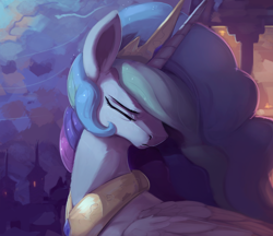Size: 1100x950 | Tagged: safe, artist:rodrigues404, character:princess celestia, species:alicorn, species:pony, crown, crying, ethereal mane, eyes closed, feather, female, flowing mane, folded wings, grieving, jewelry, lighting, mare, multicolored hair, night, pain, peytral, regalia, royalty, sad, sadlestia, solo, tiara