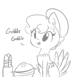Size: 1075x1075 | Tagged: safe, artist:tjpones, oc, oc only, oc:brownie bun, horse wife, baguette, bread, clothing, costume, dialogue, ear fluff, food, grayscale, holiday, monochrome, simple background, sitting, solo, thanksgiving, turkey, turkey costume, white background