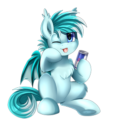 Size: 2855x3087 | Tagged: safe, artist:pridark, oc, oc only, species:bat pony, species:pony, bat pony oc, chest fluff, commission, energy drink, looking at you, male, one eye closed, red bull, simple background, smiling, solo, stallion, tongue out, transparent background