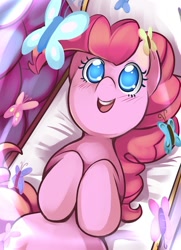 Size: 530x732 | Tagged: safe, artist:ende26, character:pinkie pie, episode:too many pinkie pies, g4, my little pony: friendship is magic, butterfly, couch, cute, diapinkes, looking up, on back, solo