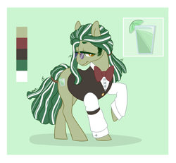 Size: 1120x1036 | Tagged: safe, artist:nemovonsilver, oc, oc only, oc:mint lime, species:earth pony, species:pony, barista, bow tie, clothing, dreadlocks, glasses, male, raised hoof, reference sheet, solo, stallion, suit