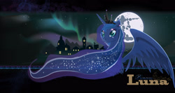 Size: 3813x2022 | Tagged: safe, artist:devinian, character:princess luna, aurora borealis, crown, moon, night, solo