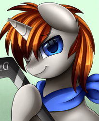 Size: 1443x1764 | Tagged: safe, artist:pridark, oc, oc only, oc:disterious, species:pony, species:unicorn, bandana, blue eyes, bust, commission, hockey stick, horn, looking at you, male, one eye closed, orange mane, portrait, shading, smiling, smirk, solo, stallion, wink