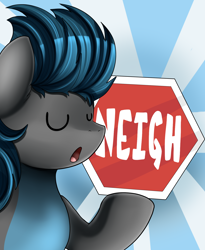 Size: 1446x1764 | Tagged: safe, artist:pridark, oc, oc only, species:pony, :o, commission, eyes closed, hoof hold, male, neigh, open mouth, sign, solo, stallion, stop sign, sunburst background, unstable unicorns
