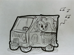 Size: 1300x958 | Tagged: safe, artist:tjpones, character:pinkie pie, species:earth pony, species:pony, inktober, black and white, car, ear fluff, food, grayscale, ice cream, ice cream truck, monochrome, music notes, solo, traditional art, truck