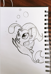 Size: 1440x2094 | Tagged: safe, artist:tjpones, character:princess skystar, species:seapony (g4), inktober, g4, my little pony: the movie (2017), angler seapony, bioluminescent, bubble, cute, female, freckles, glow, grayscale, hippocampus, lineart, merpony, monochrome, skyabetes, solo, traditional art, younger