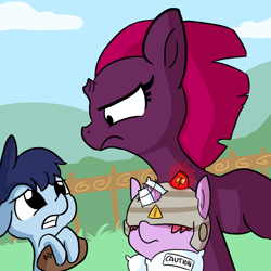 Size: 1650x1650 | Tagged: safe, artist:tjpones, character:fizzlepop berrytwist, character:tempest shadow, oc, oc:puffpad, parent:tempest shadow, species:pony, species:unicorn, my little pony: the movie (2017), american football, angry, armor, bipedal, broken horn, caution sign, colt, daughter, exclamation point, female, filly, floppy ears, frown, glare, gritted teeth, helicopter parents, helmet, hidden eyes, hoof hold, horn, male, mama bear, mare, mother, mother and daughter, overprotective, pillow armor, protecting, sports