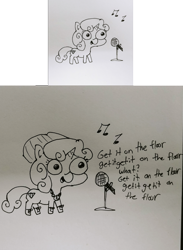 Size: 762x1039 | Tagged: safe, artist:tjpones, character:sweetie belle, species:pony, species:unicorn, beanie, black and white, bling, clothing, dmx, get it on the floor, grayscale, hat, lineart, microphone, monochrome, music notes, rapper, shoes, singing, solo, song reference, traditional art