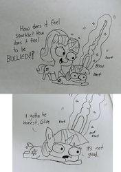 Size: 1676x2383 | Tagged: safe, artist:tjpones, character:starlight glimmer, character:twilight sparkle, character:twilight sparkle (alicorn), species:alicorn, species:pony, species:unicorn, black and white, bully, bullying, comic, dialogue, duo, equal cutie mark, female, glowing horn, grayscale, lineart, magic, monochrome, onomatopoeia, poking, pure unfiltered evil, s5 starlight, sparkles! the wonder horse!, staff, staff of sameness, telekinesis, traditional art