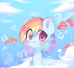 Size: 680x622 | Tagged: safe, artist:windymils, character:rainbow dash, species:pegasus, species:pony, blue, bubble, cloud, cute, female, fish, jellyfish, looking at you, mare, solo