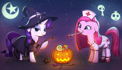 Size: 1637x943 | Tagged: safe, artist:agaberu, character:pinkamena diane pie, character:pinkie pie, character:rarity, species:earth pony, species:pony, species:unicorn, broom, candy, chromatic aberration, clothing, costume, dress, duo, eyeshadow, female, food, halloween, hat, holiday, jack-o-lantern, knife, lidded eyes, looking at you, makeup, mare, moon, mouth hold, night, nurse, pumpkin, scalpel, shoes, smiling, spider, stars, witch, witch hat
