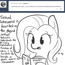 Size: 1650x1650 | Tagged: safe, artist:tjpones, character:fluttershy, species:pegasus, species:pony, ask, biology, book, bust, dialogue, grayscale, hilarious in hindsight, hoof hold, lewd, monochrome, oh my, reading, sex education, simple background, solo, tumblr, white background