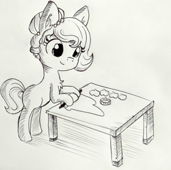 Size: 1440x1437 | Tagged: safe, artist:tjpones, oc, oc only, oc:brownie bun, species:earth pony, species:pony, horse wife, inktober, baking, bipedal, bipedal leaning, chest fluff, cookie, cookie cutter, cookie dough, ear fluff, female, food, grayscale, leaning, monochrome, rolling pin, solo, this will end in fire, traditional art
