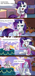 Size: 1000x2184 | Tagged: safe, artist:pridark, character:rarity, character:sweetie belle, species:pony, species:unicorn, apron, carousel boutique, clothing, comic, duo, female, filly, food, ketchup, mare, not blood, prank, sauce, table