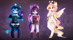 Size: 3709x2034 | Tagged: safe, artist:magnaluna, character:princess celestia, character:princess luna, character:twilight sparkle, character:twilight sparkle (alicorn), species:alicorn, species:anthro, species:pony, species:unguligrade anthro, alternate hairstyle, alternate universe, ambiguous facial structure, bat wings, belt, belt buckle, boots, bracelet, breasts, busty princess celestia, busty princess luna, busty twilight sparkle, cheek fluff, choker, cleavage, clothing, colored wings, corset, cute, cutelestia, cutie mark necklace, dress, ear fluff, evening gloves, gloves, jewelry, knife, long gloves, looking at something, lunabetes, magic, magic orb, nail polish, necklace, open mouth, regalia, scabbard, scroll, shoes, shoulderless, smiling, socks, thigh highs, twiabetes, zettai ryouiki