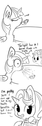 Size: 1650x4950 | Tagged: safe, artist:tjpones, character:starlight glimmer, character:twilight sparkle, character:twilight sparkle (alicorn), species:alicorn, species:pony, species:unicorn, accidental innuendo, bait and switch, black and white, chest fluff, comic, cup, dialogue, drink, drinking, duo, ear fluff, food, friends with benefits, grayscale, health insurance, hoof hold, implied trixie, innocent innuendo, innuendo, misunderstanding, monochrome, onomatopoeia, simple background, spit take, tea, teacup, white background