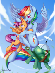 Size: 3000x4000 | Tagged: safe, artist:foxcarp, character:rainbow dash, character:scootaloo, character:tank, species:pegasus, species:pony, chest fluff, cloud, cloudy, cutie mark, ear fluff, female, filly, flying, mare, open mouth, scared, scootalove, sky, smiling, the cmc's cutie marks, trio
