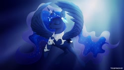 Size: 1024x576 | Tagged: safe, artist:lilapudelpony, character:princess luna, species:alicorn, species:pony, armor, circlet, eyes closed, female, horn ring, mare, regalia, solo