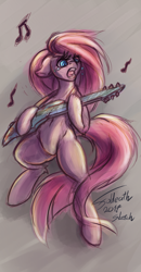 Size: 626x1200 | Tagged: safe, artist:foldeath, character:pinkamena diane pie, character:pinkie pie, species:earth pony, species:pony, bipedal, crying, electric guitar, guitar, music, music notes, solo