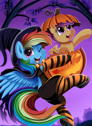 Size: 2550x3509 | Tagged: safe, artist:pridark, character:rainbow dash, character:scootaloo, species:pegasus, species:pony, clothing, cute, cutealoo, dashabetes, halloween, hat, holiday, jack-o-lantern, looking at you, night, nightmare night, one eye closed, open mouth, pridark is trying to murder us, pumpkin, raised hoof, raised leg, scootalove, smiling, socks, stars, striped socks, tree, wink, witch hat