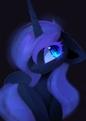 Size: 1580x2234 | Tagged: safe, artist:magnaluna, character:nightmare moon, character:princess luna, species:alicorn, species:pony, g4, blushing, chest fluff, cute, female, floppy ears, fluffy, gradient background, heart eyes, hug, leg fluff, looking away, looking up, mare, missing accessory, nightmare luna, shoulder fluff, shy, simple background, sitting, solo, tail hug, wavy mouth, wingding eyes