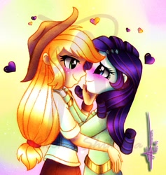 Size: 870x918 | Tagged: safe, artist:shikimaakemi, character:applejack, character:rarity, ship:rarijack, my little pony:equestria girls, blushing, female, heart, lesbian, looking at each other, obtrusive watermark, shipping, watermark