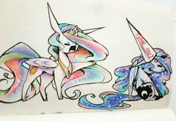 Size: 1024x706 | Tagged: safe, artist:prettyshinegp, character:princess celestia, character:princess luna, species:alicorn, species:pony, abuse, angry, bitchlestia, bully, bullying, clothing, cross-popping veins, dunce hat, duo, eyes closed, female, hat, lunabuse, mare, open mouth, royal sisters, sitting, time out, traditional art