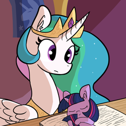 Size: 1650x1650 | Tagged: safe, artist:tjpones, character:princess celestia, character:twilight sparkle, character:twilight sparkle (unicorn), species:alicorn, species:pony, species:unicorn, book, book bed, bookhorse, cute, ear fluff, eyes closed, female, filly, filly twilight sparkle, frown, hnnng, hug, mare, size difference, sleeping, smiling, tail hug, that pony sure does love books, the tiny apprentice, tjpones is trying to murder us, twiabetes, weapons-grade cute, wide eyes, younger