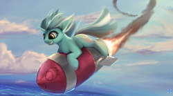 Size: 2229x1239 | Tagged: dead source, safe, artist:noctilucent-arts, character:lyra heartstrings, species:pony, species:unicorn, flying, ocean, riding a bomb, rocket, sky, smiley face, solo, windswept mane