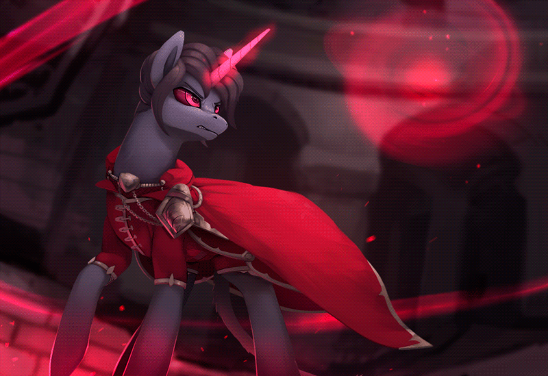 Size: 800x549 | Tagged: safe, artist:rodrigues404, oc, oc only, oc:metus, species:pony, species:unicorn, animated, cape, cinemagraph, clothing, commission, evil eyes, glowing horn, male, stallion
