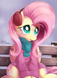 Size: 1725x2325 | Tagged: safe, artist:bugplayer, character:fluttershy, species:pegasus, species:pony, bench, clothing, cute, dawwww, earmuffs, female, folded wings, hnnng, mare, scarf, shyabetes, sitting, snow, solo, sweater, sweatershy, wings, winter clothes, wintershy