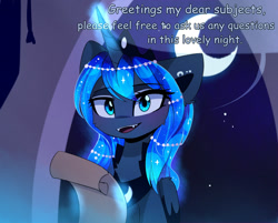Size: 1580x1271 | Tagged: safe, artist:magnaluna, character:princess luna, species:alicorn, species:pony, blushing, cheek fluff, chest fluff, crown, cute, cute little fangs, dialogue, fangs, female, fluffy, jewelry, levitation, looking at you, luna-darkesthours, lunabetes, magic, mare, moon, night, open mouth, regalia, scroll, smiling, solo, telekinesis, wing fluff