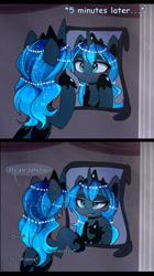 Size: 1280x2293 | Tagged: safe, artist:magnaluna, character:princess luna, species:alicorn, species:pony, blushing, column, comic, crown, cute, dialogue, female, jewelry, luna-darkesthours, lunabetes, mare, mirror, open mouth, regalia, smiling, solo, stats, talking