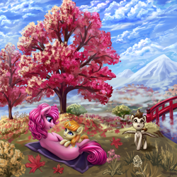 Size: 3732x3732 | Tagged: safe, artist:roadsleadme, character:pinkie pie, character:pound cake, character:pumpkin cake, species:earth pony, species:pegasus, species:pony, species:unicorn, cake twins, colt, female, filly, male, mare, mountain, older, scenery, scenery porn, smiling, tree