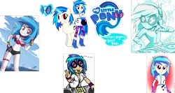 Size: 2785x1485 | Tagged: safe, artist:lisan1997, artist:livesmutanon, artist:lunchie, artist:mit-boy, artist:the-butch-x, artist:vector-brony, edit, character:dj pon-3, character:vinyl scratch, species:pony, species:unicorn, my little pony:equestria girls, armpits, belly button, best pony, collage, cutie mark, cutie mark on equestria girl, devil horn (gesture), female, glowing horn, headphones, hooves, horn, levitation, logo, logo edit, magic, mare, open mouth, red eyes, simple background, smiling, solo, sunglasses, teeth, telekinesis, text, transparent background, turntable, vector